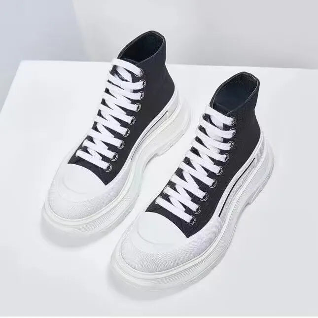 Casual Women Canvas Thick Sole High Top Board Shoes Platform Lace Up Sneakers Fashion Ladies Outdoor Walking Sneakers Mens Shoes