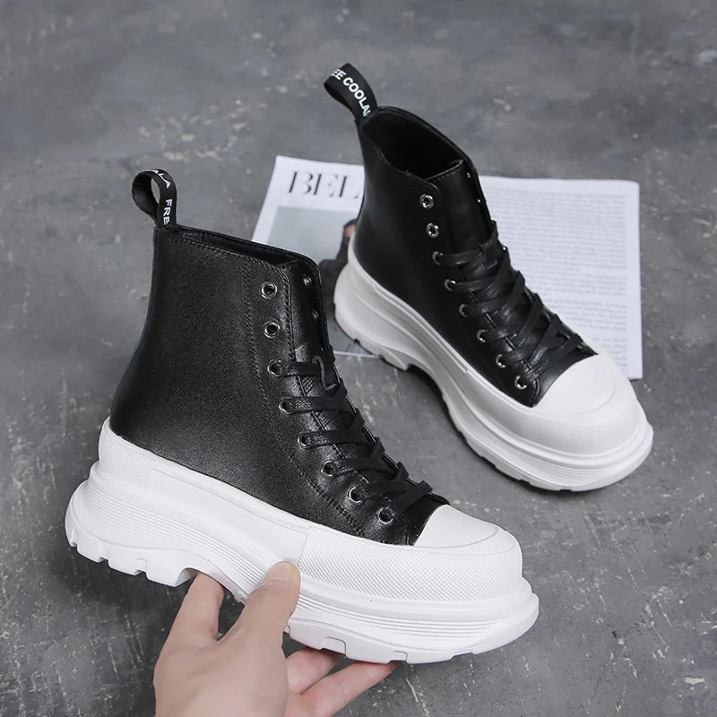 Women Ankle Boots Martin Platform Leather Height Increase Shoes for Woman Insole 6CM Taller Girl Lady Punk High Top