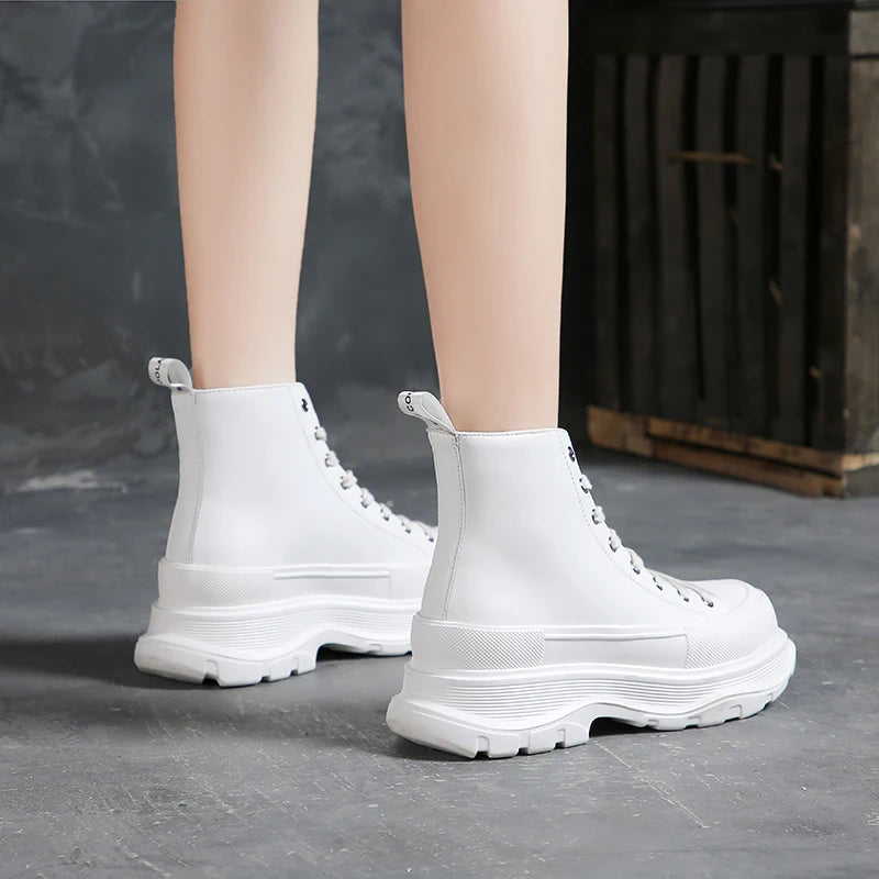 Women Ankle Boots Martin Platform Leather Height Increase Shoes for Woman Insole 6CM Taller Girl Lady Punk High Top