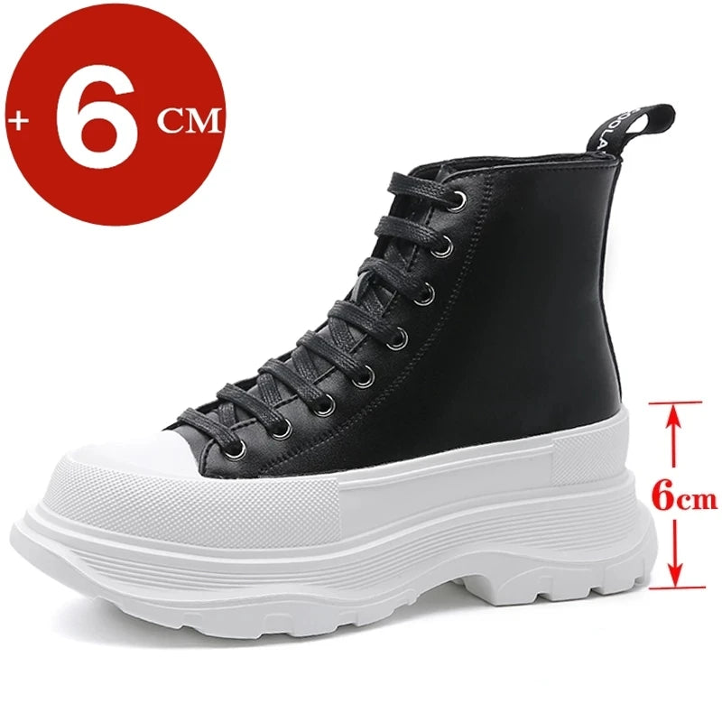 Women Ankle Boots Martin Platform Leather Height Increase Shoes for Woman Insole 6CM Taller Girl Lady Punk High Top