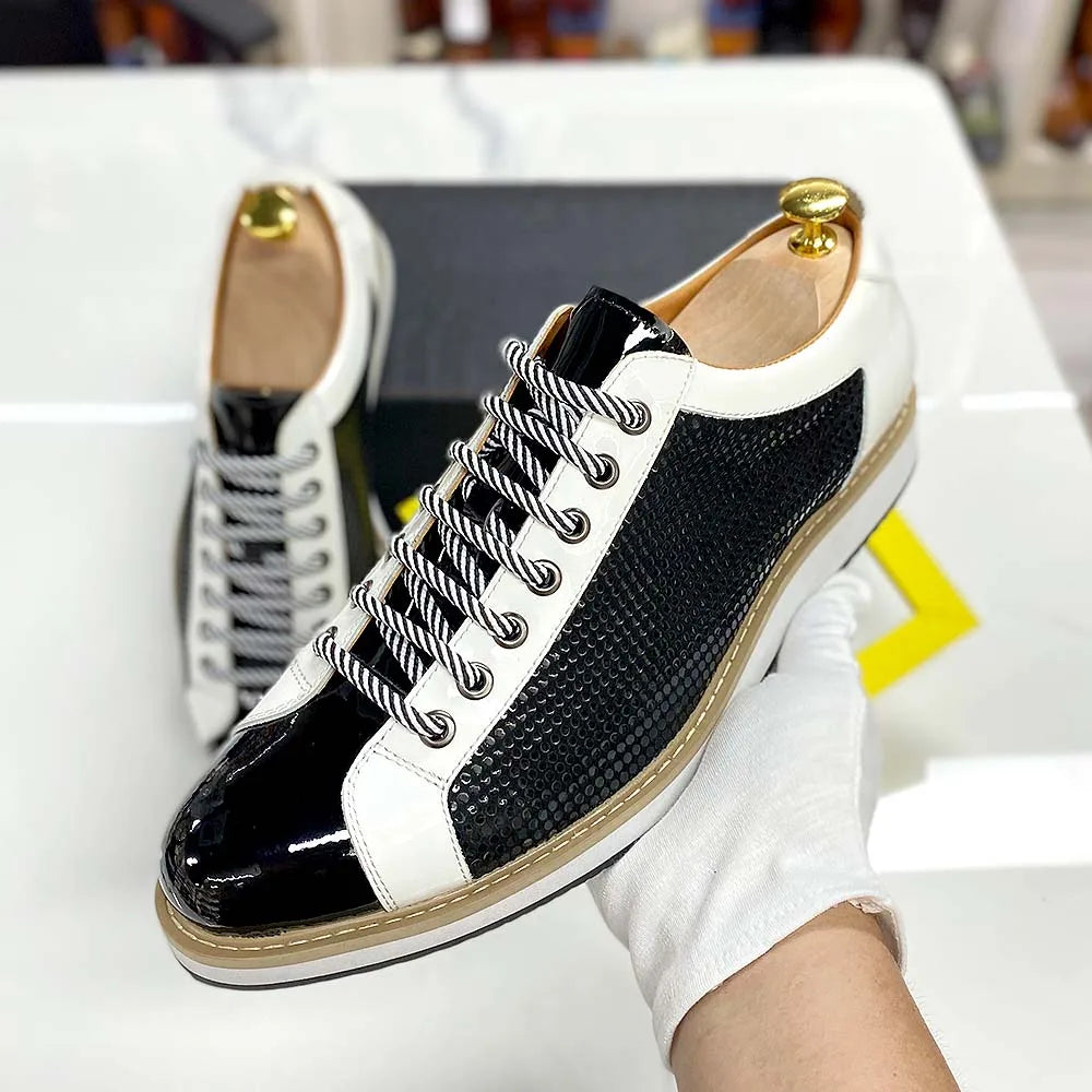 Large Size 6 To 13 Luxury Brand Shoes Men Flat Sneakers Patent Leather Lace-up Black White Casual Shoes Zapatos Casuales Hombres