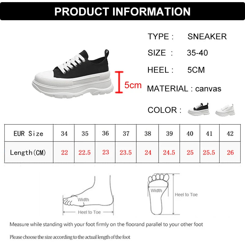 Lucyever Canvas Chunky Platform Sneakers Woman Spring Summer Thick Bottom Sport Shoes Women Black White Lace Up Skateboard Mujer