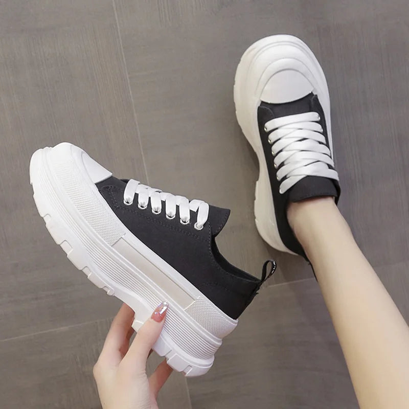 Lucyever Canvas Chunky Platform Sneakers Woman Spring Summer Thick Bottom Sport Shoes Women Black White Lace Up Skateboard Mujer